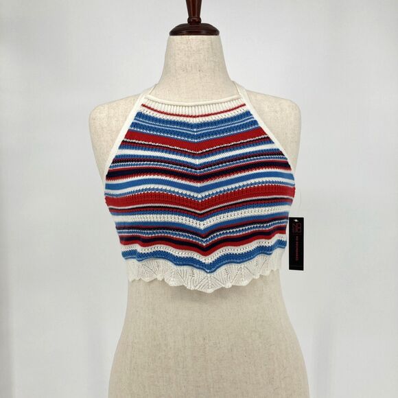 No Boundaries Crop Halter Top LARGE 11-13 Crochet Patriotic USA Red White Blue - Picture 1 of 8